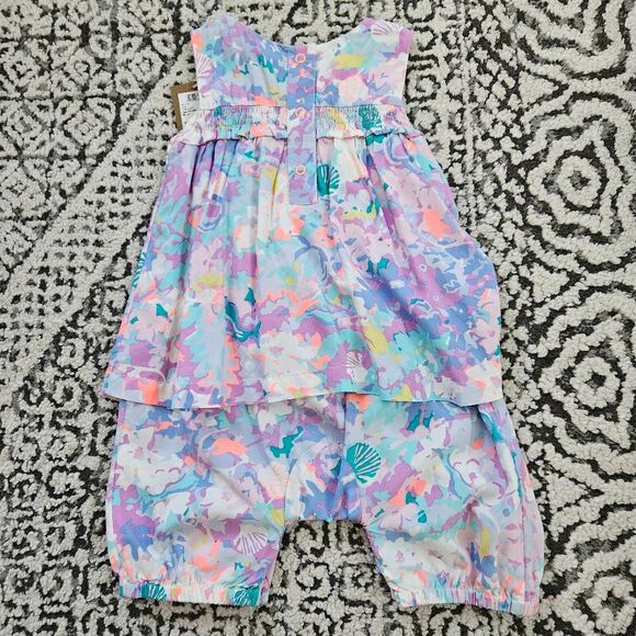 Joules Baby Ruffle Romper in Bue and Purple Print Aize 12-18 Months - Picture 4 of 5